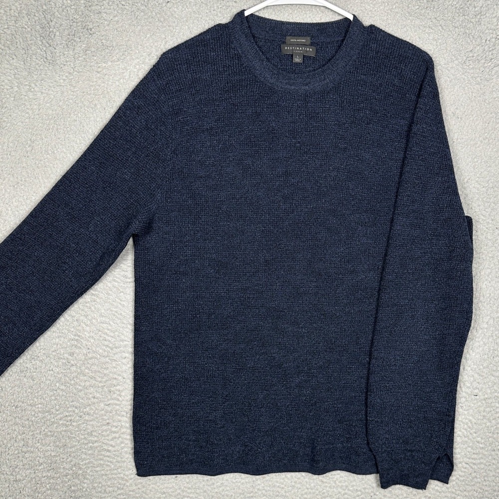 J Crew Destination Sweater Mens Large Navy 100% Merino Wool Crewneck Pullover